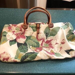 VTG Banana Republic Beige Canvas Floral Burgundy Leather Bag